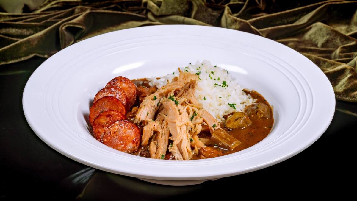 House gumbo at Tiana’s Palace with braised chicken, andouille sausage and heirloom rice. 