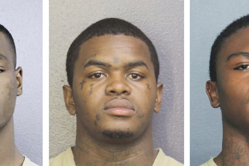 This combo of photos provided by the Broward County Sheriff's Office shows, from left, Michael Boatwright, Dedrick Williams, and Trayvon Newsome. A Florida jury has convicted the three men of murder in the 2018 killing of star rapper XXXTentacion, who was shot during a robbery that netted $50,000. The jury deliberated a little more than seven days before finding Boatwright, Williams and Newsome guilty on Monday, March 20, 2023 of first-degree murder and armed robbery. (Broward County Sheriff's Office via AP)