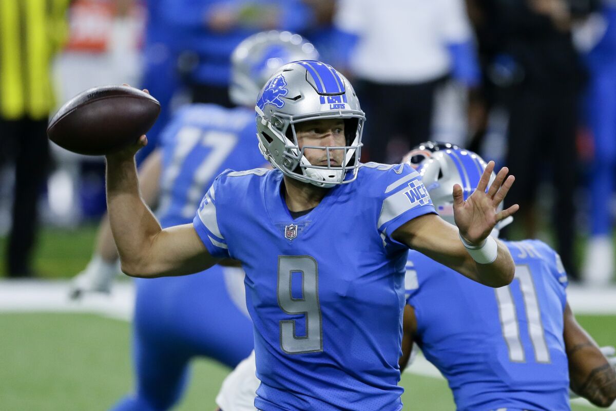 Detroit Lions quarterback Matthew Stafford throws against the Chicago Bears in the first half of an NFL football game in Detroit, Sunday, Sept. 13, 2020. (AP Photo/Duane Burleson)