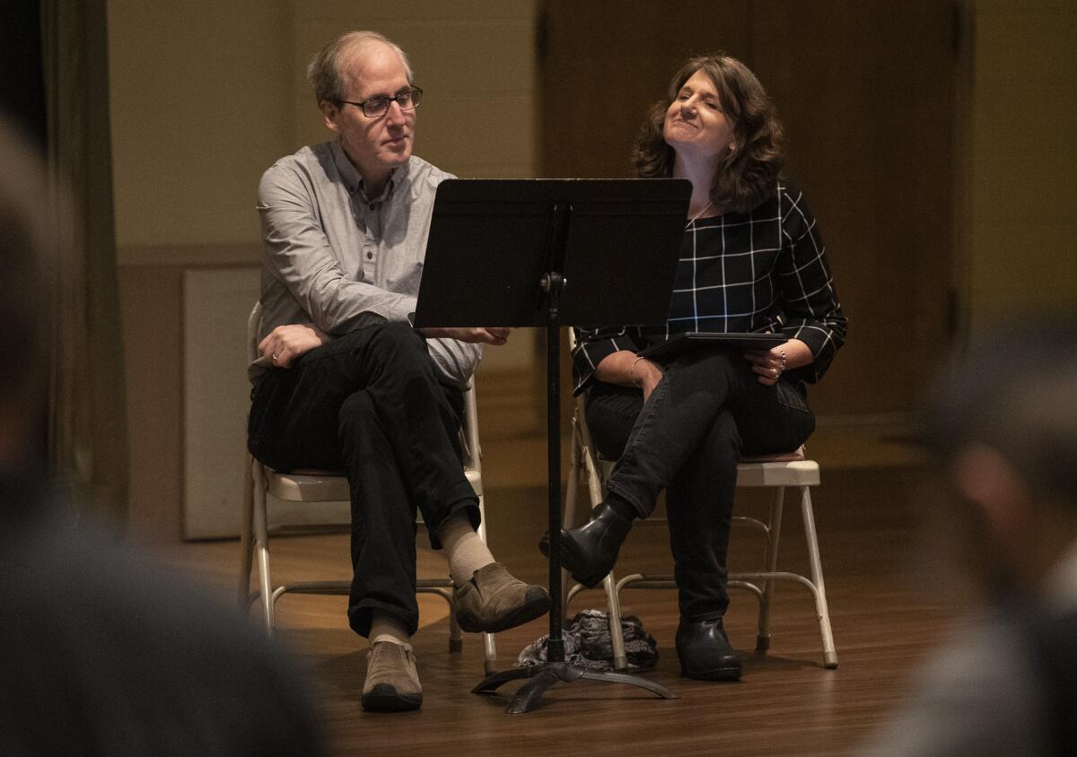 Composer Jeff Beal and librettist Joan Beal during the Los Angeles Master Chorale rehearsal of “Sunrise: A Song of Two Humans." 