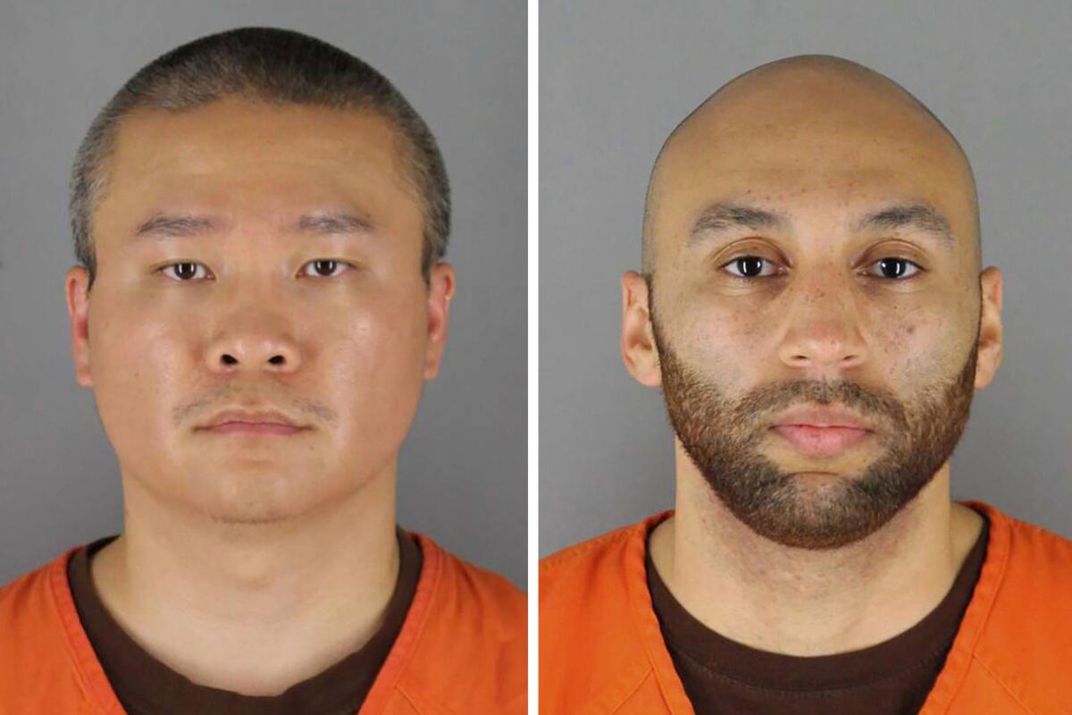 FILE - This combo of photos provided by the Hennepin County Sheriff's Office in Minnesota, show Tou Thao, left, and J. Alexander Kueng. Two of the four former Minneapolis police officers who were convicted of violating George Floyd’s civil rights during the May 2020 restraint that killed him are scheduled to begin serving their federal sentences Tuesday, Oct. 3, 2022. (Hennepin County Sheriff's Office via AP, File)