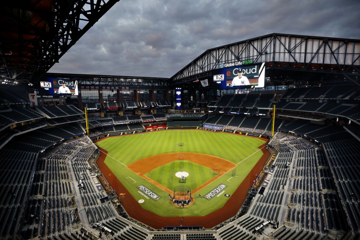 The roof is open at Globe Life Field in Arlington, Texas, before the San Diego Padres played the Dodgers.