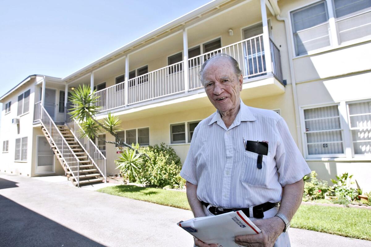 W. Alan Schwarz, 79 of Burbank, outside his apartment on the 100 block of Avon, in Burbank on Thursday, Sept. 5, 2013. Schwarz and other residents of the present apartments may have to move out if a Whole Foods and residential project is approved by the city.