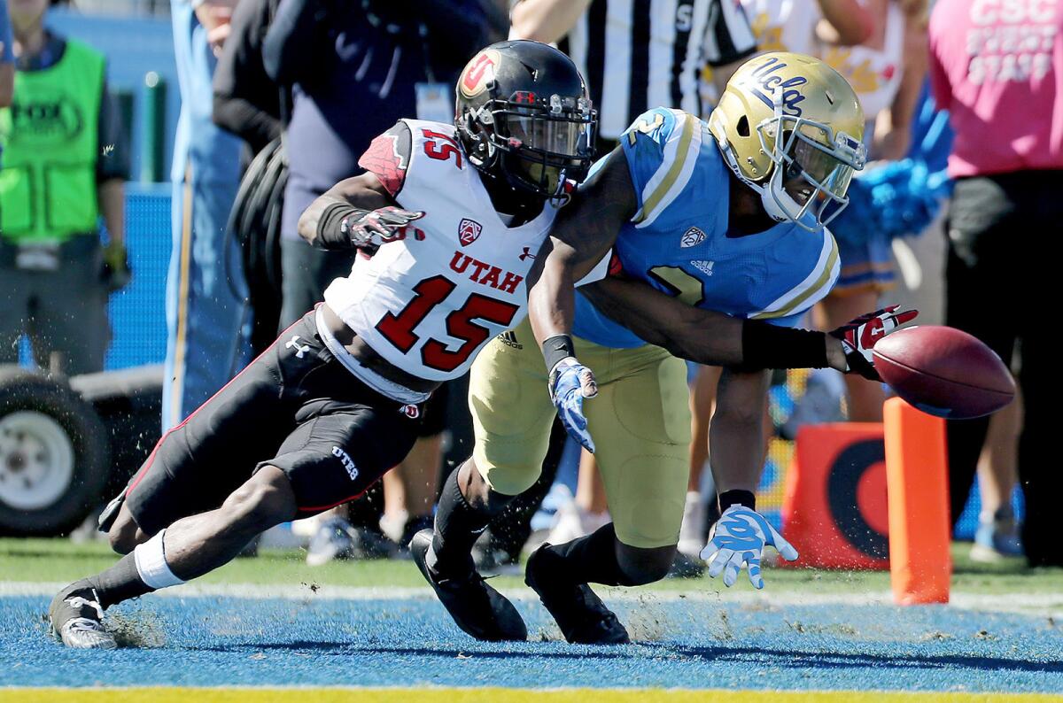 Utah cornerback Dominique Hatfield knocks away a pass intended for UCLA wide receiver Jordan Lasley in the second quarter on Oct. 22.