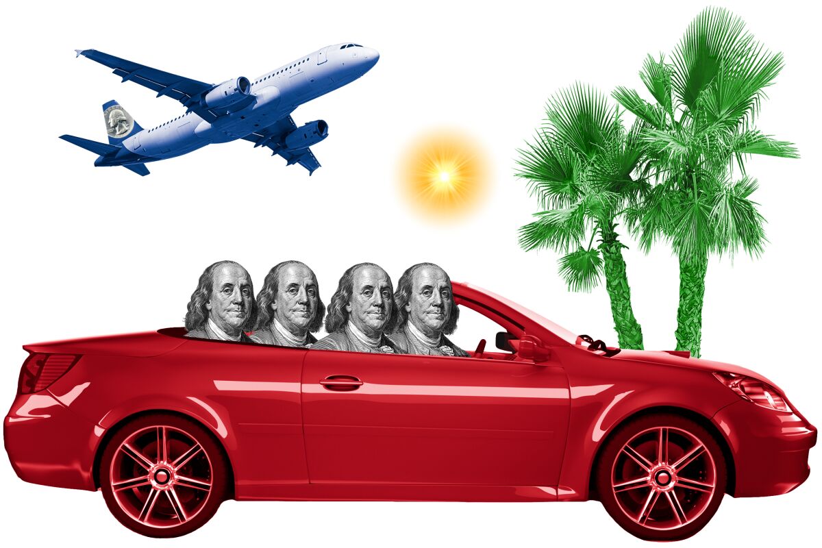A car full of Benjamin Franklins heading on vacation.