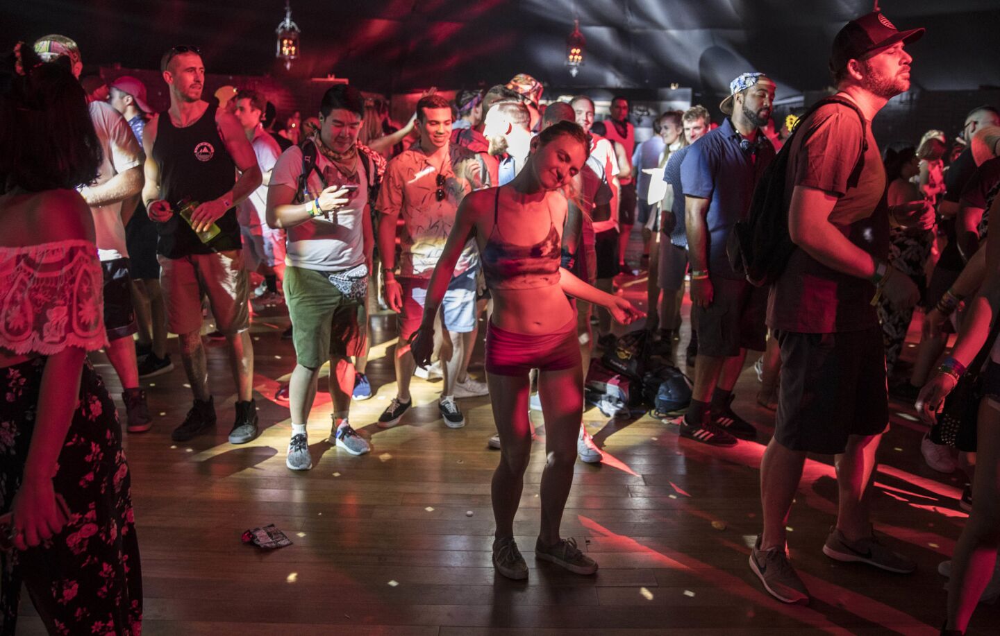 INDIO, CALIF. -- FRIDAY, APRIL 14, 2017: Coachell goers dance inside the Yuma tent at the Coachella Music and Arts Festival in Indio, Calif., on April 14, 2017. (Brian van der Brug / Los Angeles Times)