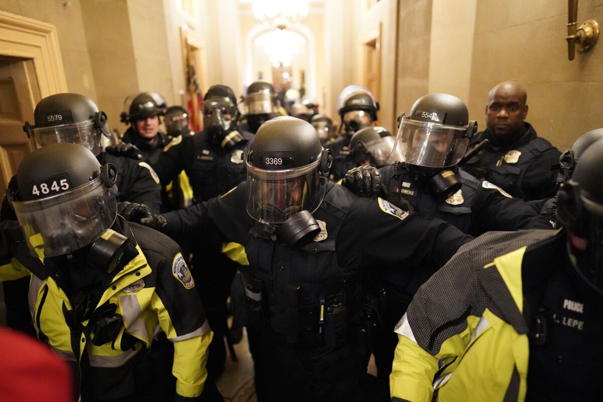 Police in helmets in a hallway.