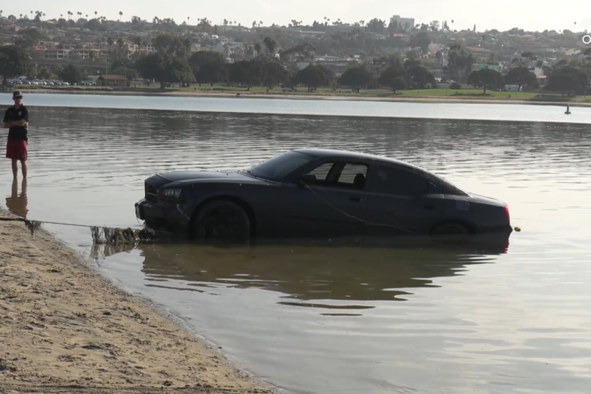 Lifeguards located a car that had been driven into Mission Bay from Fiesta Island Tuesday morning. No one was inside.