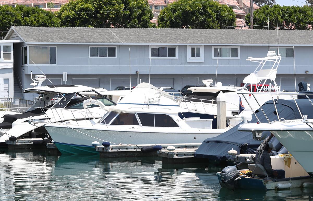 Boats docked in the Balboa Yacht Basin marina in Newport Harbor in Newport Beach.