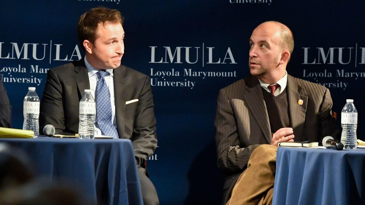 Challenger Nick Melvoin, left, is trying to unseat L.A. school board President Steve Zimmer. Both made their cases to voters at a forum held at Loyola Marymount University earlier this year.