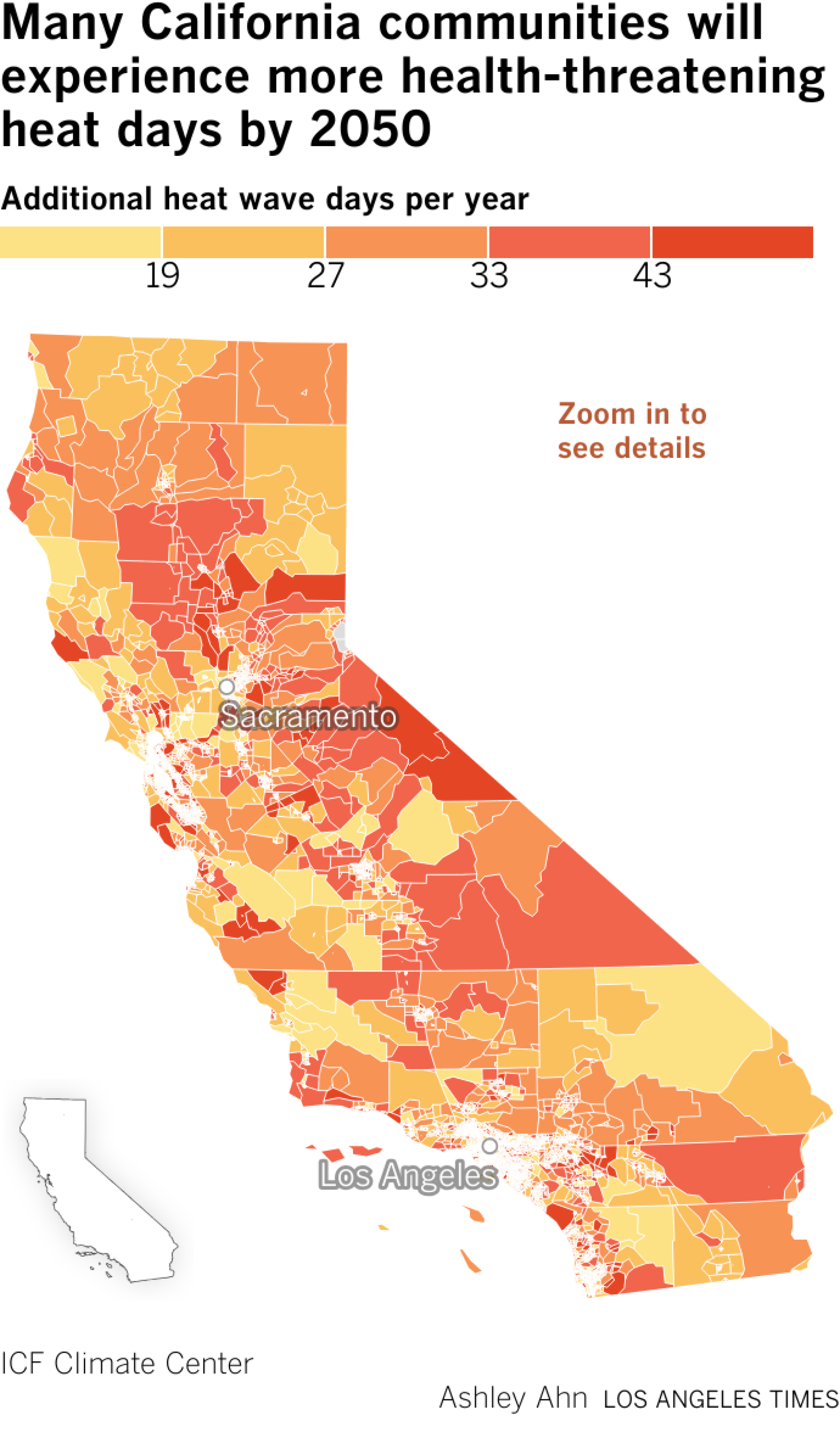 Choropleth map of the number of additional heatwave days per year in California by 2050 