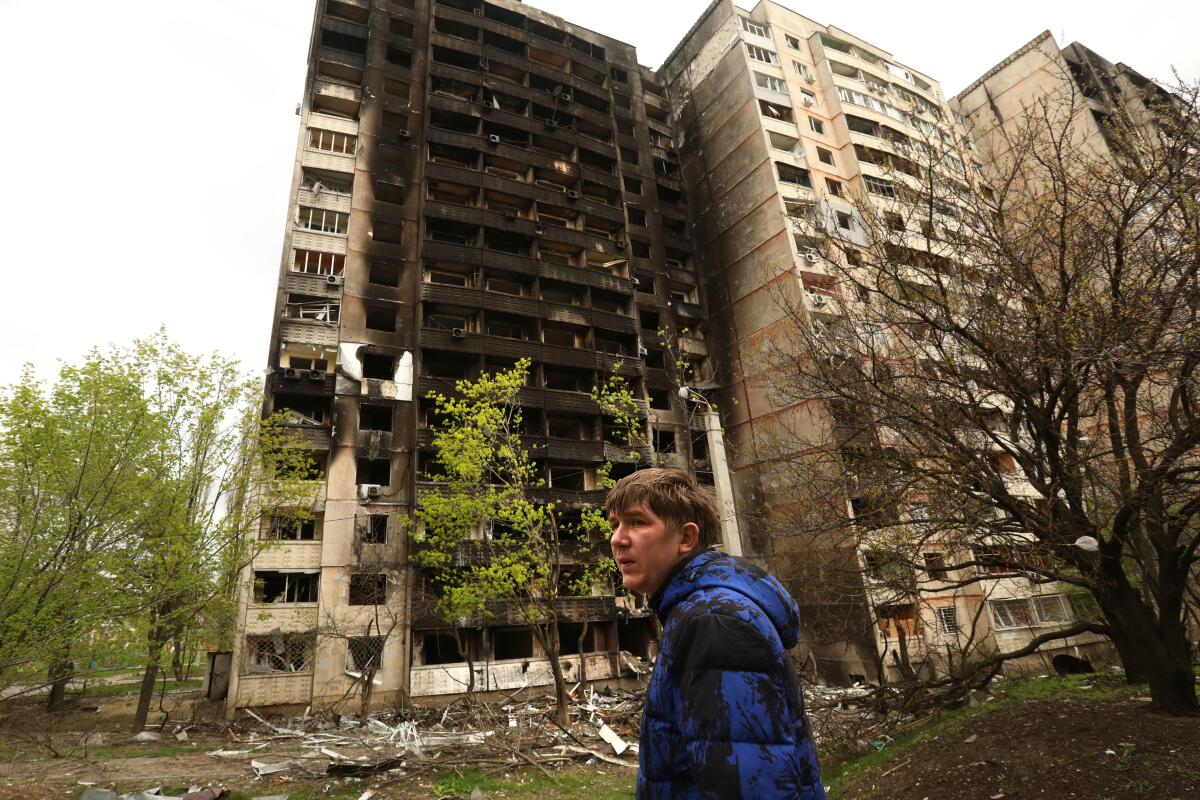 An apartment building destroyed in the Saltivske neighborhood in Kharkiv, Ukraine. 