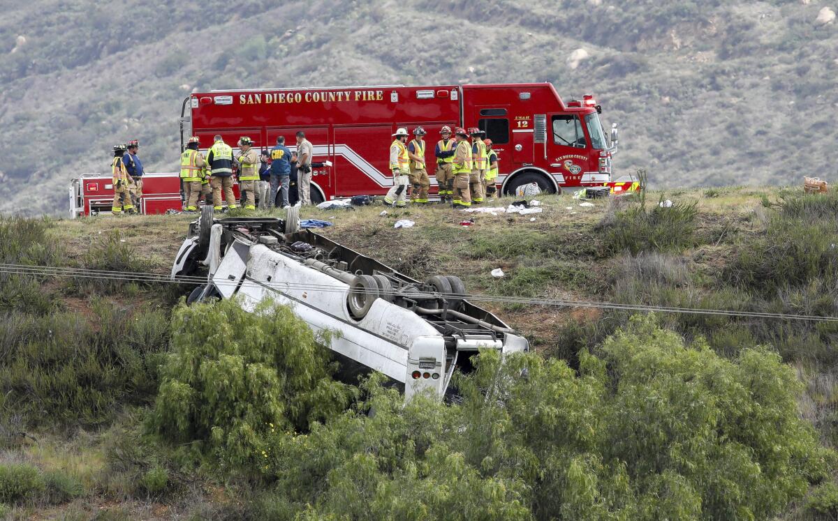 Un autobús que se salió de la Interestatal 15 terminó volcado en un terraplén en el condado San Diego, California, el sábado 22 de febrero de 2020, con saldo de varias personas muertas y heridas. Al fondo arriba, bomberos y rescatistas. (Don Boomer/The San Diego Union-Tribune vía AP)