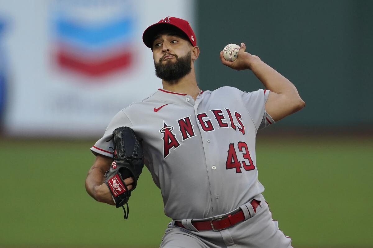 Angels pitcher Patrick Sandoval throws against the San Francisco Giants.