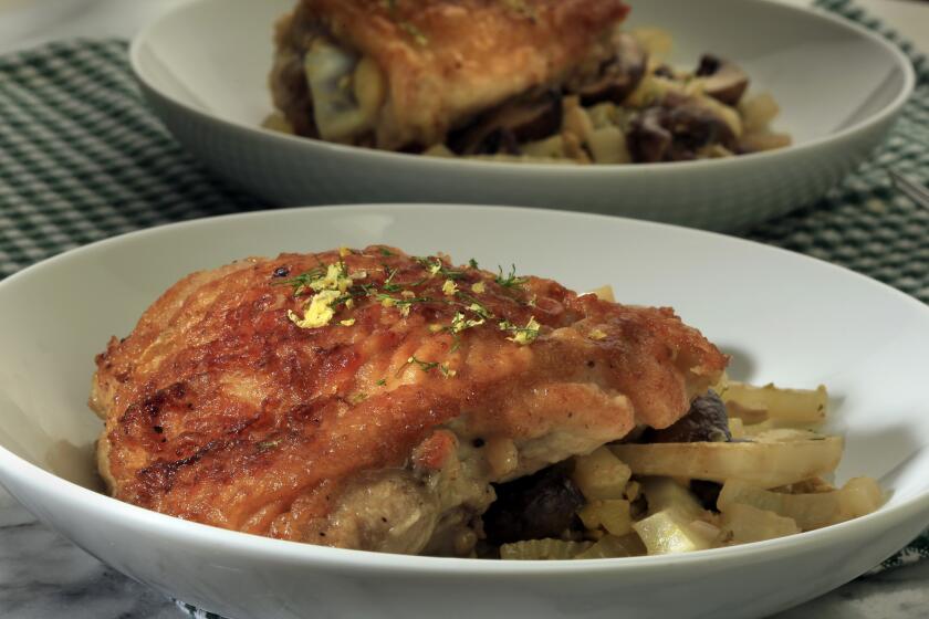 Chicken braised with fennel, mushrooms and olives