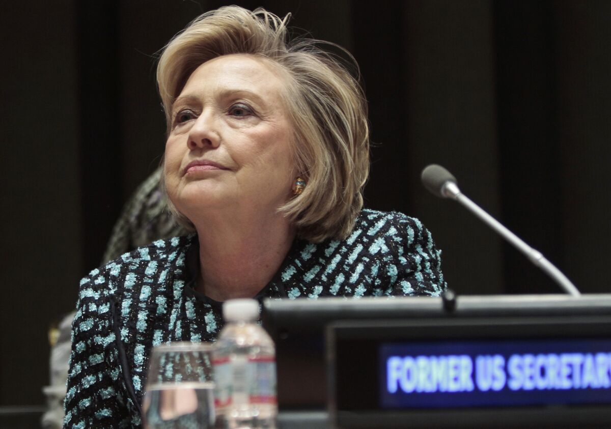 Former Secretary of State Hillary Rodham Clinton, seen at United Nations headquarters in New York this month, warned of Russian aggression during an appearance in Montreal.