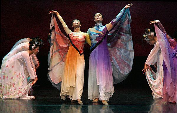 Shao Junting, center left, and Wang Zihan play the central characters in Beijing Dance Academy's new version of "The Butterfly Lovers" at the Ahmanson Theatre in downtown Los Angeles. A marketing gimmick refers to the story as "China's Romeo and Juliet."