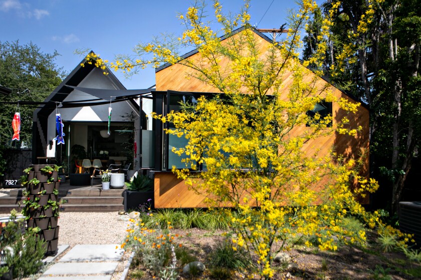 The back of a modern house viewed from the yard 