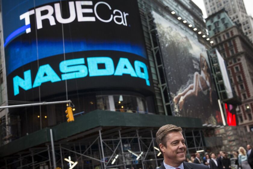 NEW YORK, NY - MAY 16: Scott Painter, CEO of TrueCar, poses for a photo outside the Nasdaq Exchange in Times Square after ringing the opening bell for Nasdaq on May 16, 2014 in New York City. TrueCar is having it's initial public offering (IPO) today on the Nasdaq exchange. (Photo by Andrew Burton/Getty Images) ** OUTS - ELSENT, FPG - OUTS * NM, PH, VA if sourced by CT, LA or MoD **
