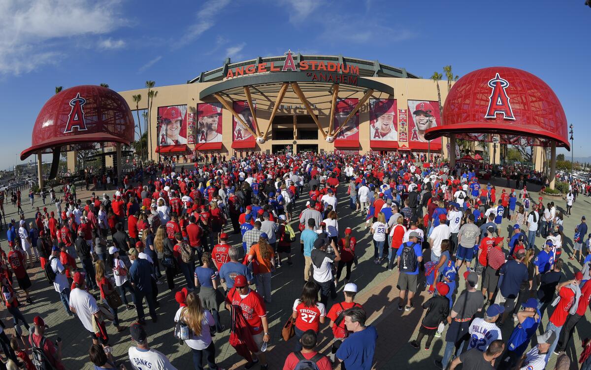 Fans line up outside Angel Stadium on Opening Day 2016. 