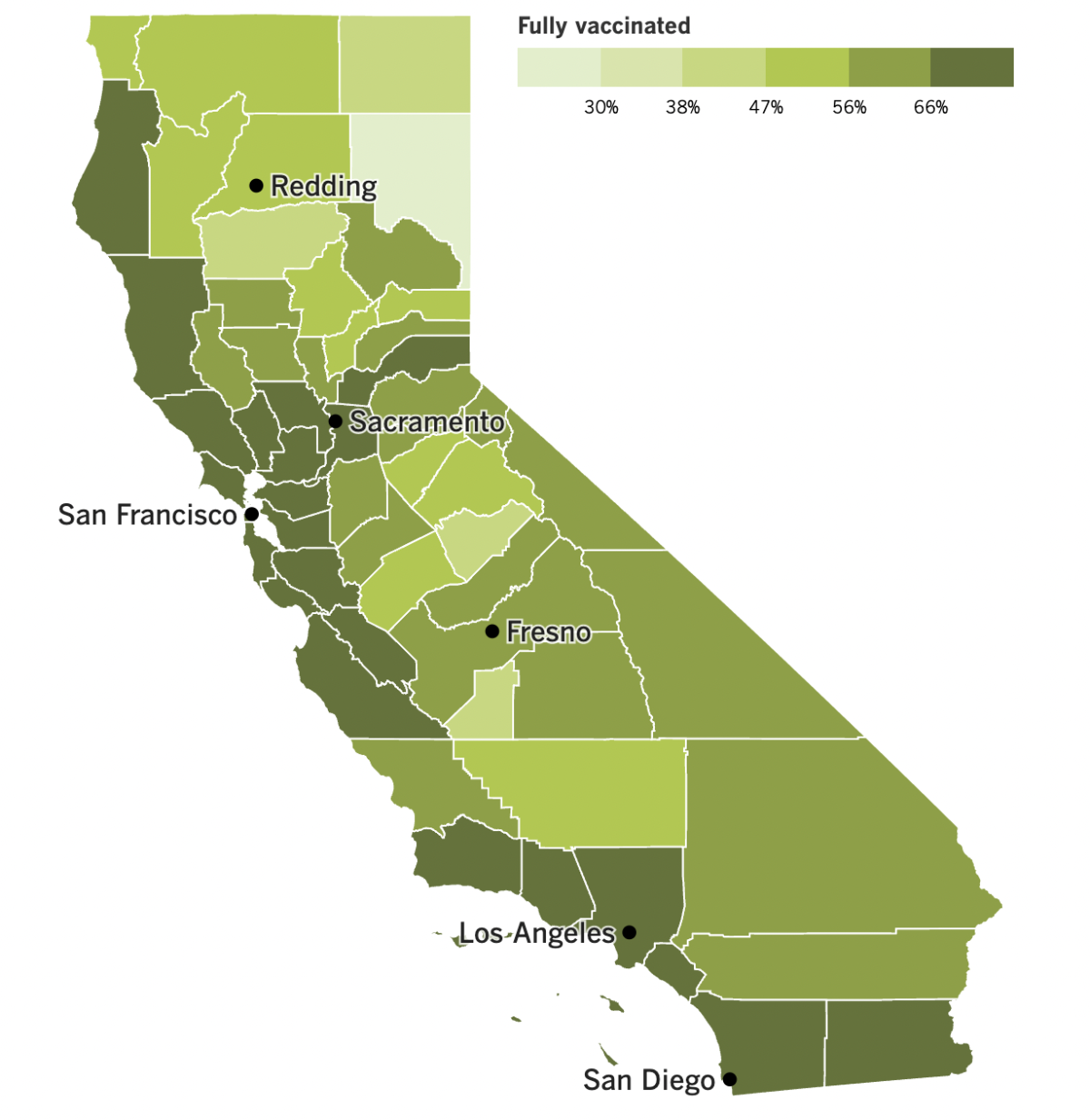 A map showing California's COVID-19 vaccination progress by county as of Aug. 23, 2022.