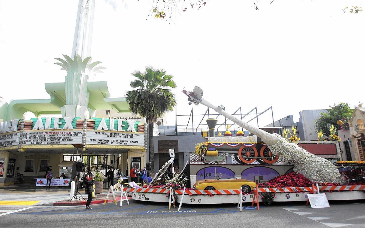 The Glendale Rose Parade float on display in front of the Alex Theatre on Monday, Jan. 4, 2016.