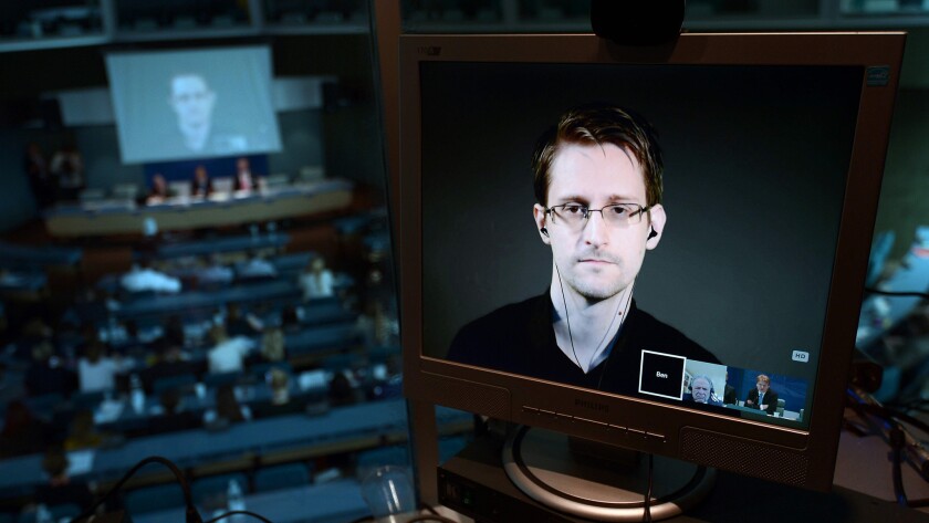 Edward Snowden seen via live video link from Russia in June of 2015.