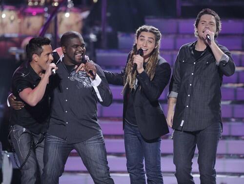 Former contestants, from left, David Hernandez, Chikezie , Jason Castro, and Michael Johns perform during the finale of "American Idol."