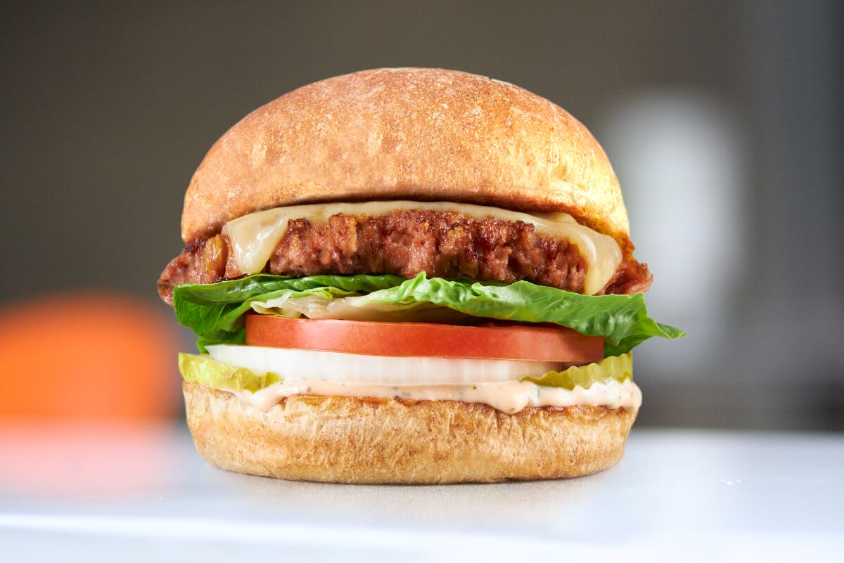 The Flora Lounge Burger, a plant-based burger at Burger Lounge Del Mar and Hillcrest