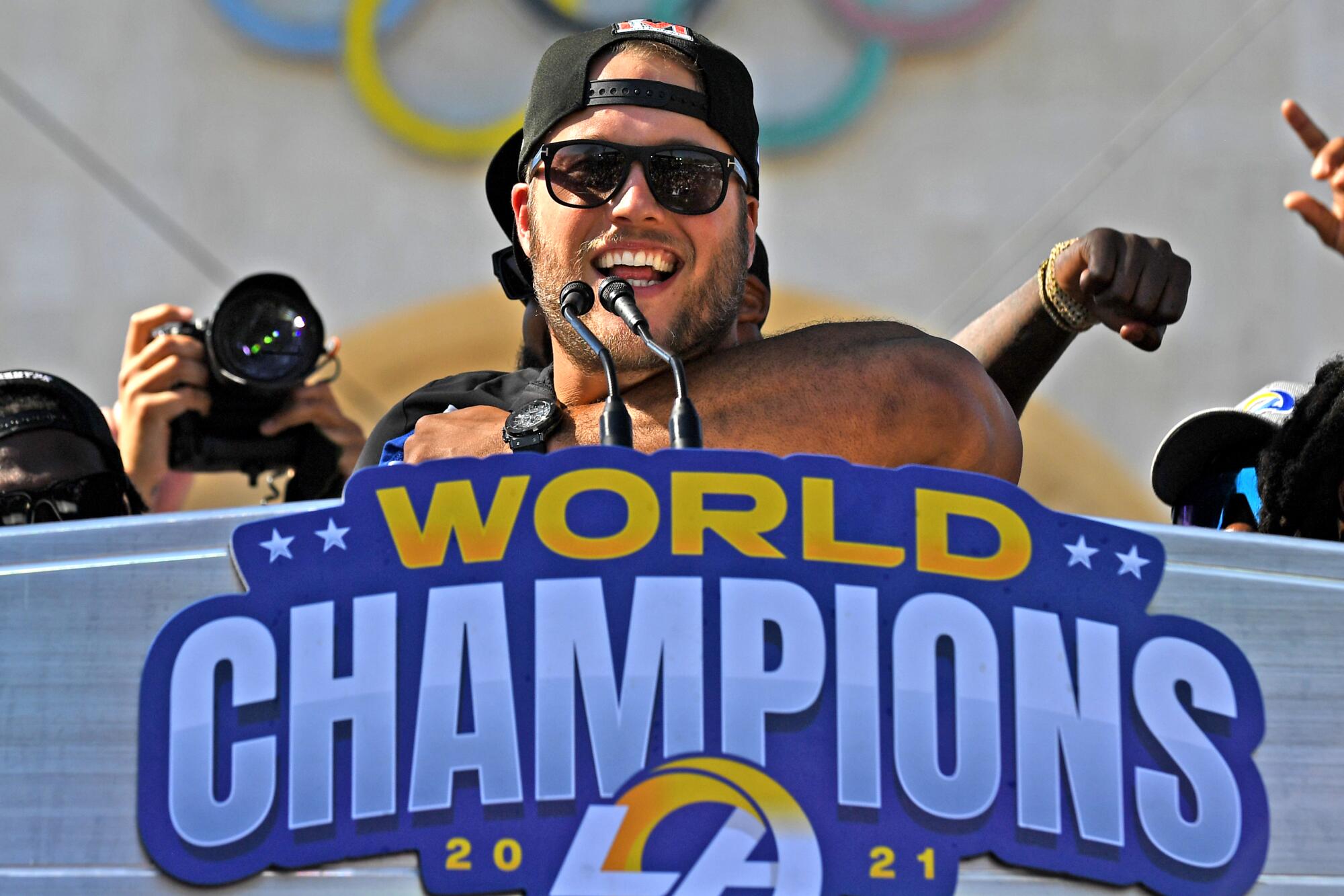 Rams quarterback Matthew Stafford celebrates Super Bowl championship in front of the Coliseum in February.