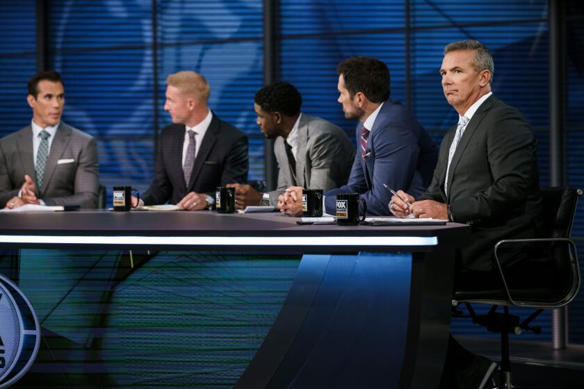 LOS ANGELES, CALIF. -- FRIDAY, AUGUST 23, 2019: From left, Brady Quinn, Joel Klatt, Reggie Bush, Matt Leinart, Urban Meyer talk about college football during the taping of BIG NOON KICKOFF which airs on FOX in Los Angeles, Calif., on Aug. 23, 2019. (Marcus Yam / Los Angeles Times)