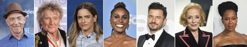 This combination photo of celebrities with birthdays from Jan. 9 - Jan. 15 shows J.K. Simmons, from left, Rod Stewart, Amanda Peet, Issa Rae, Orlando Bloom, Holland Taylor, and Regina King. (AP Photo)