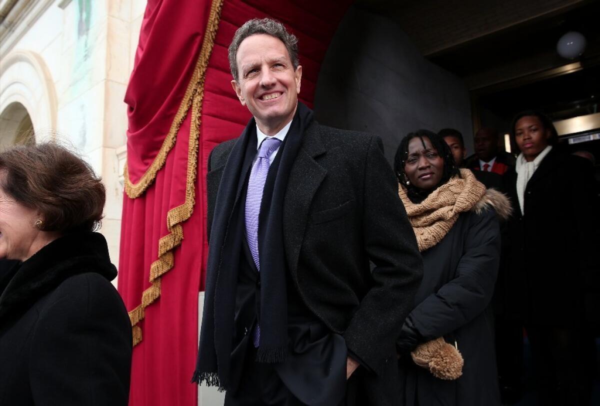 Outgoing Treasury Secretary Timothy F. Geithner arrives at President Obama's inauguration ceremony on Monday.