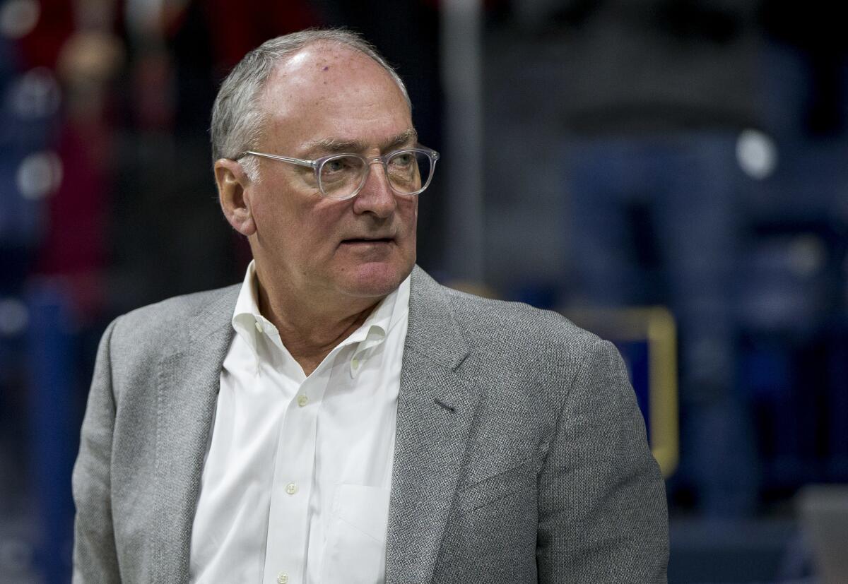 FILE - Notre Dame athletic director Jack Swarbrick attends an NCAA college basketball game between Notre Dame and Mount St. Mary's on Nov. 13, 2017, in South Bend, Ind. Swarbrick says the coming Big Ten television contract with NBC is a “perfect” way for the network to complement its deal with the Fighting Irish during a live online chat for the university's alumni association on Wednesday, Aug. 10, 2022. (AP Photo/Robert Franklin, File)