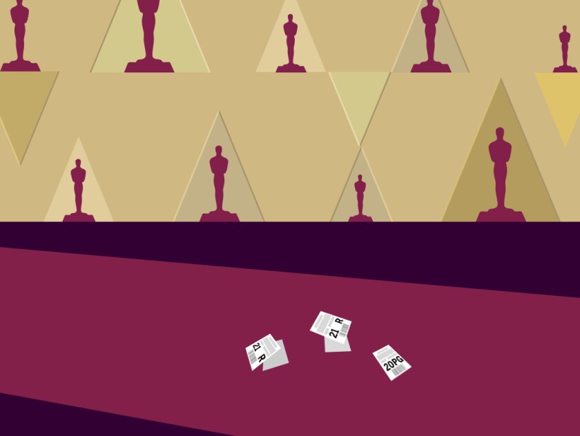 illustration of movie tickets dropped on the Oscars red carpet