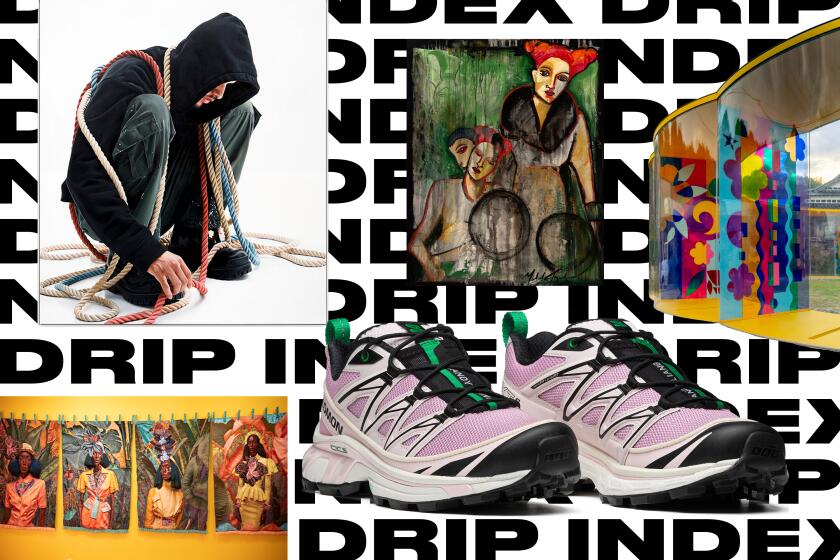 collage of different fashion and art images over a pattern of words that read "Drip Index"