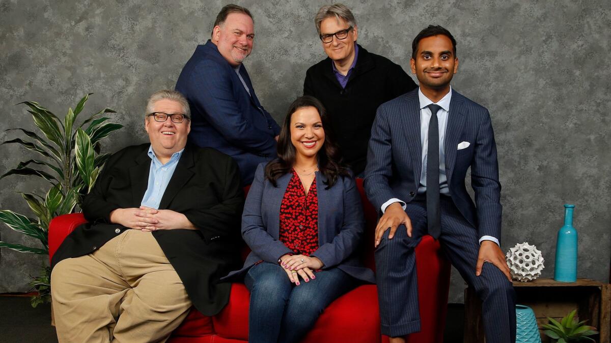Showrunners joined together to chat about the industry: David Mandel ("Veep"), from left, Bruce Miller ("The Handmaid's Tale"), Gloria Calderon Kellett ("One Day at a Time"), Peter Gould ("Better Call Saul") and Aziz Ansari ("Master of None").