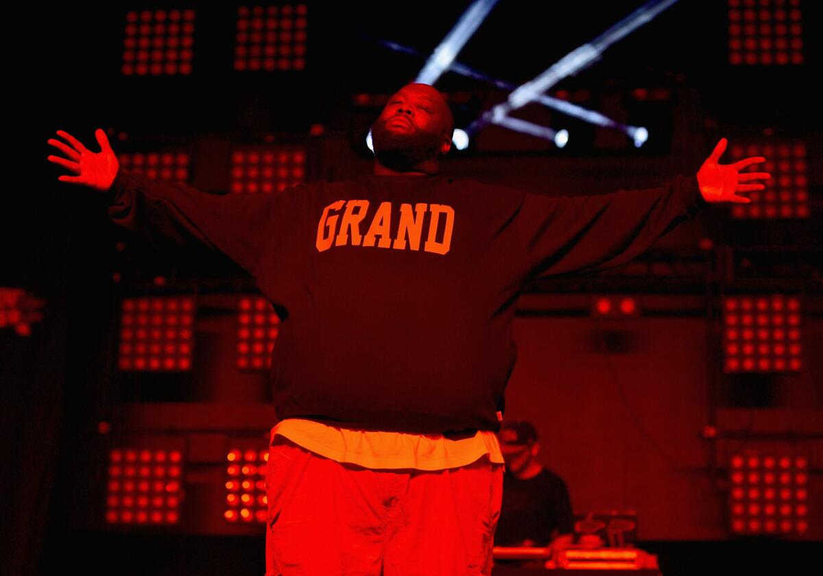 Killer Mike performs as one half of Run the Jewels during the second day of the Coachella Valley Music and Arts Festival.
