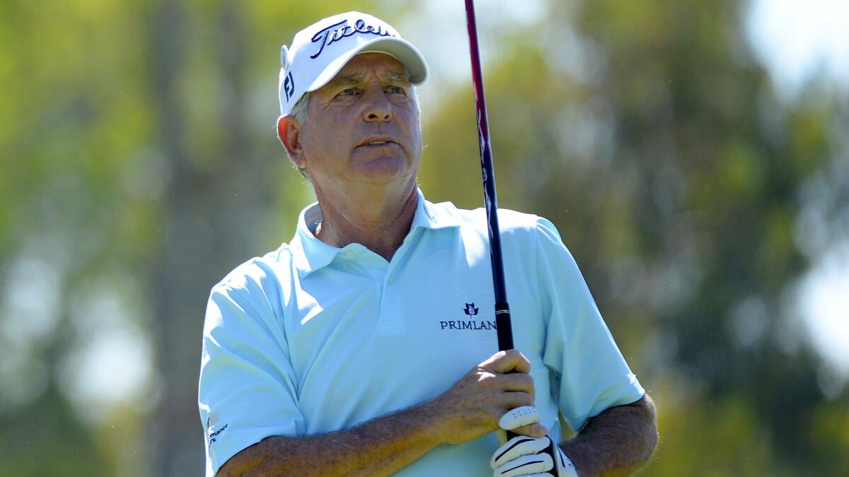 Jay Haas watches his tee shot on the third hole during the final round of the Toshiba Classic on Sunday.