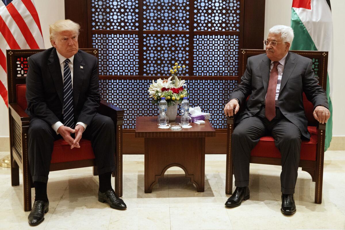 President Trump meets with Palestinian Authority President Mahmoud Abbas on Tuesday in the West Bank City of Bethlehem.