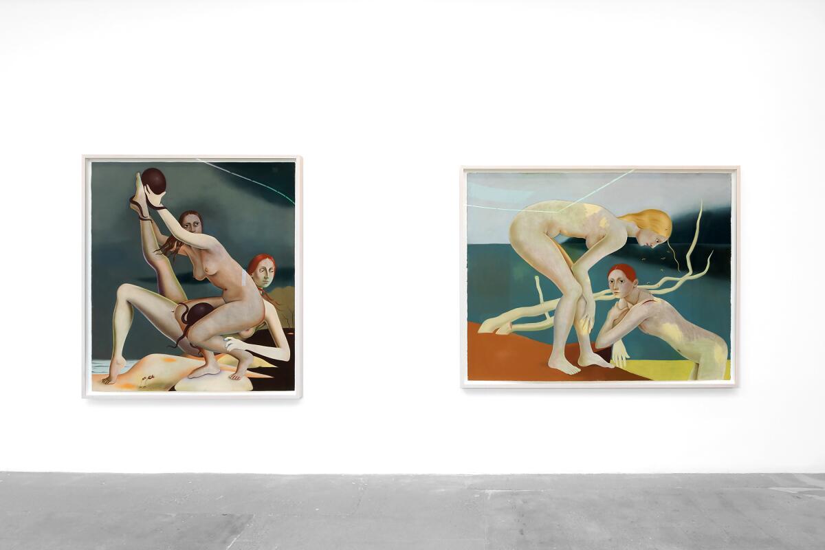 A gallery with two paintings depicting naked women in nature.