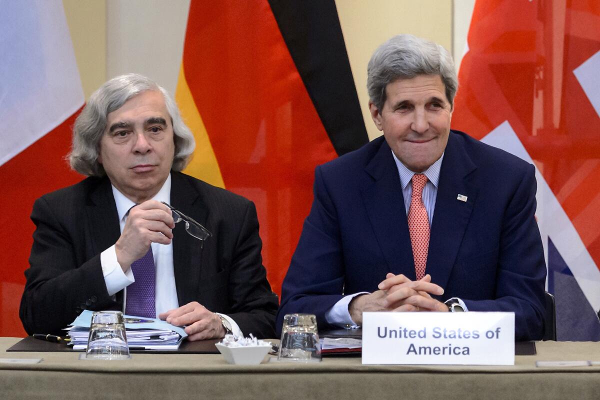U.S. Secretary of Energy Ernest Moniz, left, and Secretary of State John F. Kerry attend Iran nuclear talks in Lausanne, Switzerland, on Saturday.