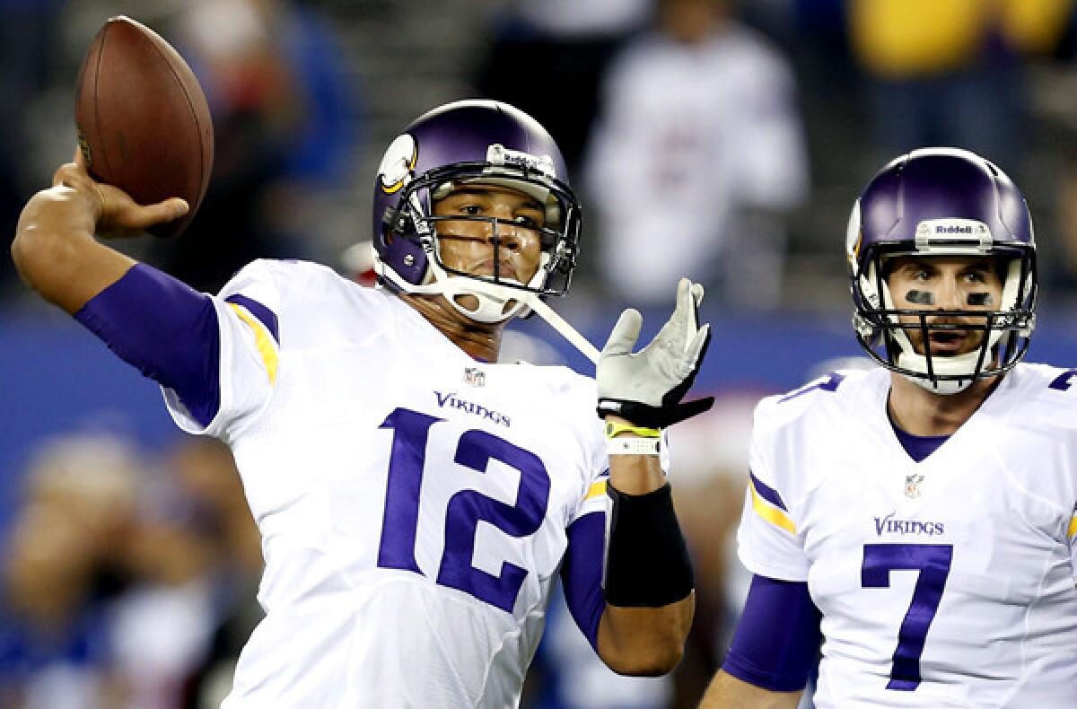 With Josh Freeman (12) suffering from concussion-like symptoms, Christian Ponder (7) is likely to start Sunday against the Green Bay Packers.