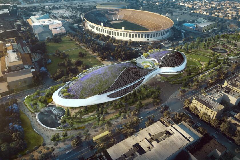 A rendering of the Lucas Museum of Narrative Art, which will stand next to the Coliseum in L.A.'s Exposition Park.