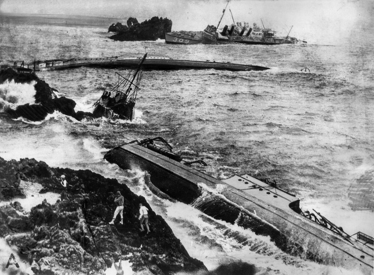 U.S. Navy destroyers on reefs near Point Arguello