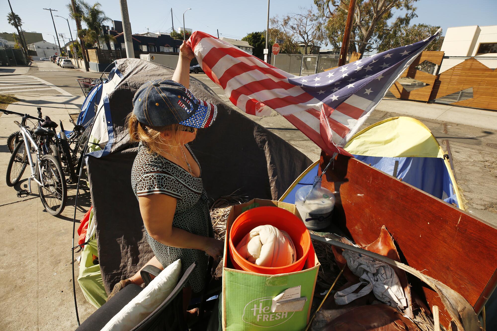 Elisabeth Axiotis is camped  in a Venice parking lot across the street from A Bridge Home shelter
