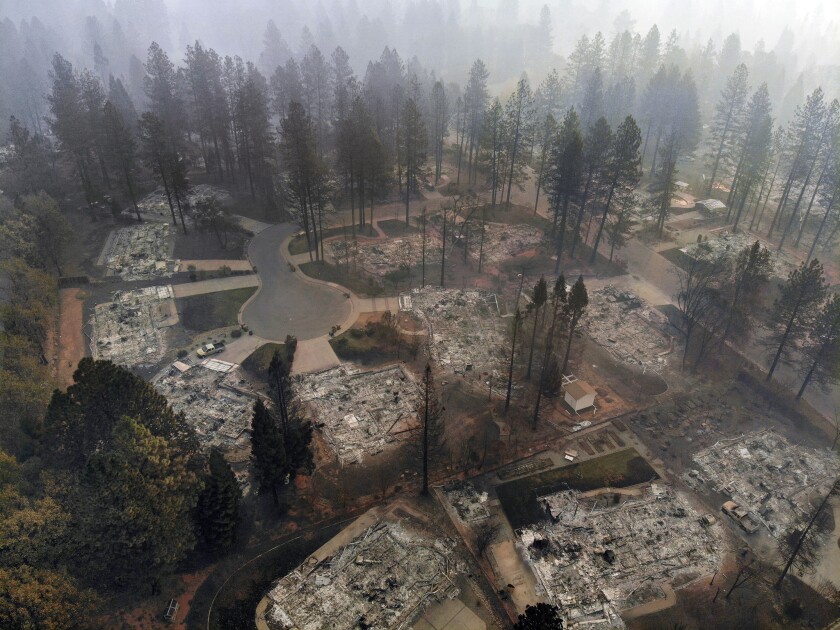 Ariel view of destruction from the Camp fire in Paradise, Calif., off Clark Road.