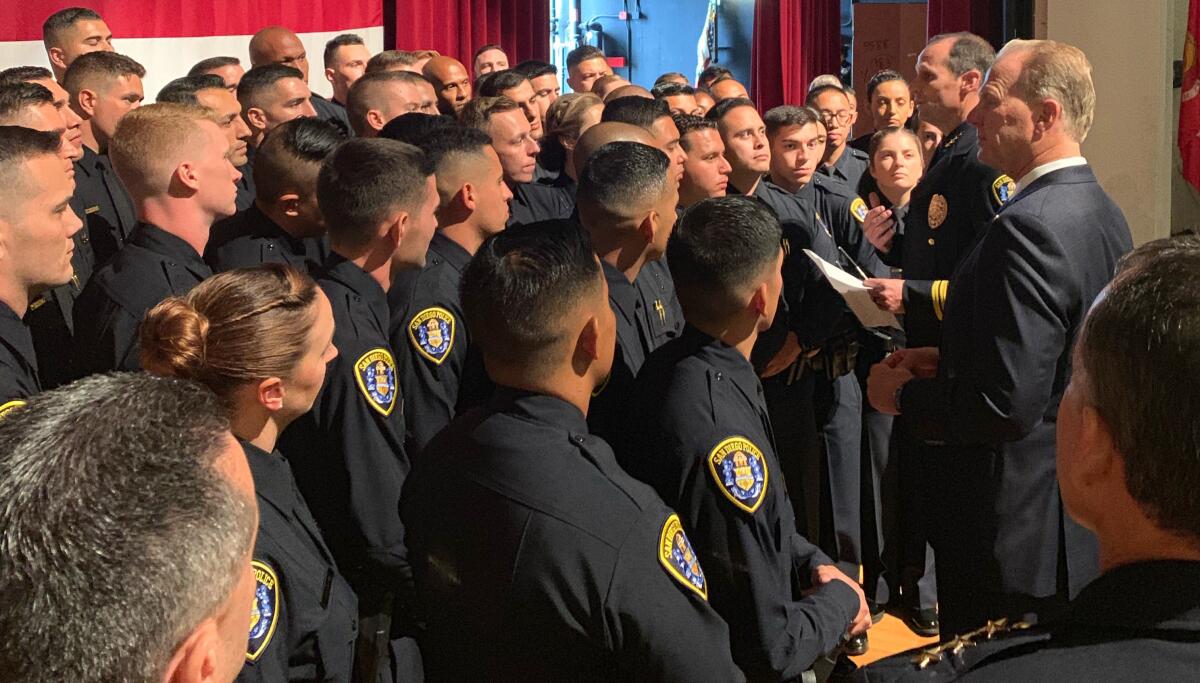 Police academy graduates listened to San Diego police Chief David Nisleit last year.