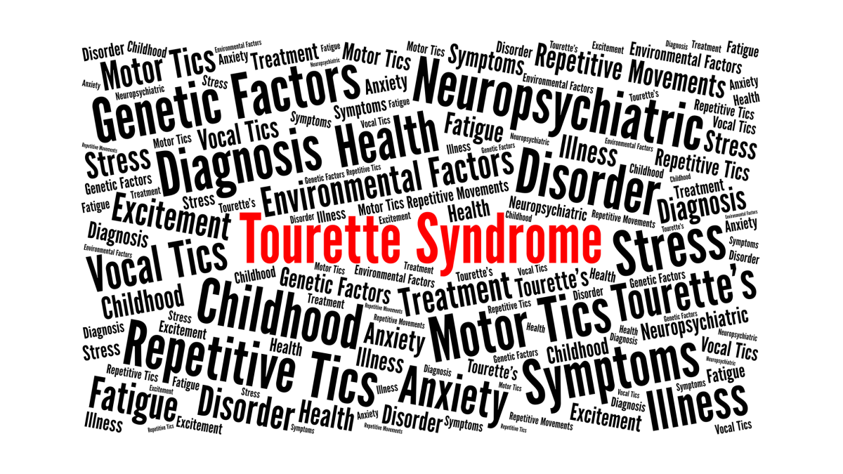A word cloud with a series of words in black text surrounding Tourette syndrome word in red text.