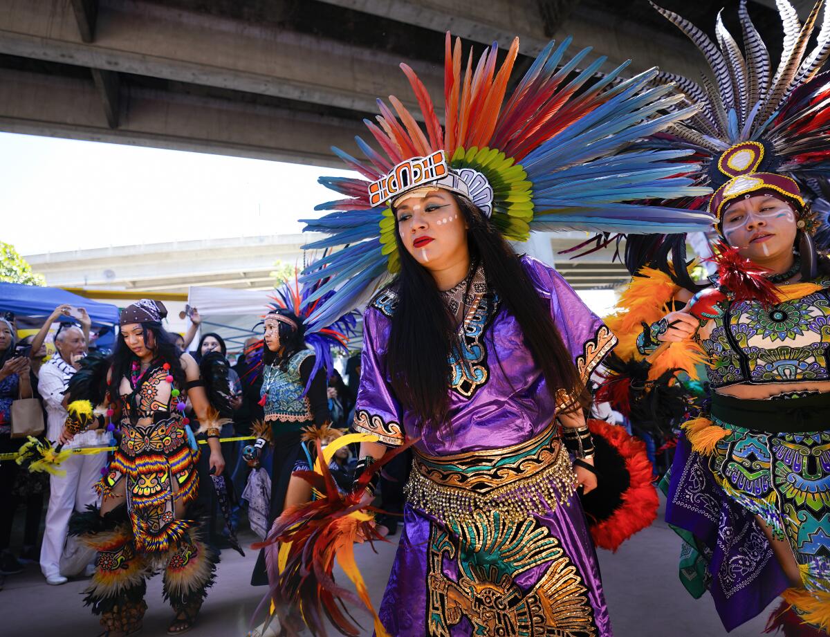 On Saturday, April 20, 2024, at the 54th Chicano Park Day commemoration, more than 150 Aztec dancers marched 